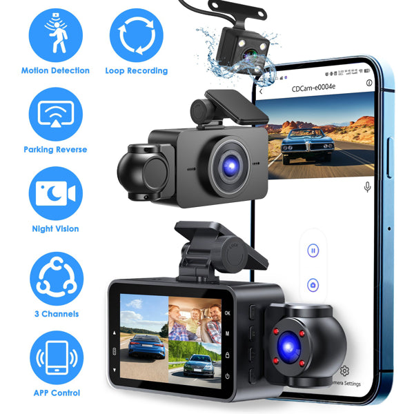 3 Channel Dash Cam For Cars, 1080P Full HD Front Camera (140° Wide View) With 480P Interior & Rear Cameras, 360° Vehicle Protection, Picture-in-Picture Display For Collision Evidence