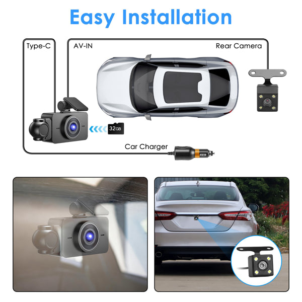3 Channel Dash Cam For Cars, 1080P Full HD Front Camera (140° Wide View) With 480P Interior & Rear Cameras, 360° Vehicle Protection, Picture-in-Picture Display For Collision Evidence